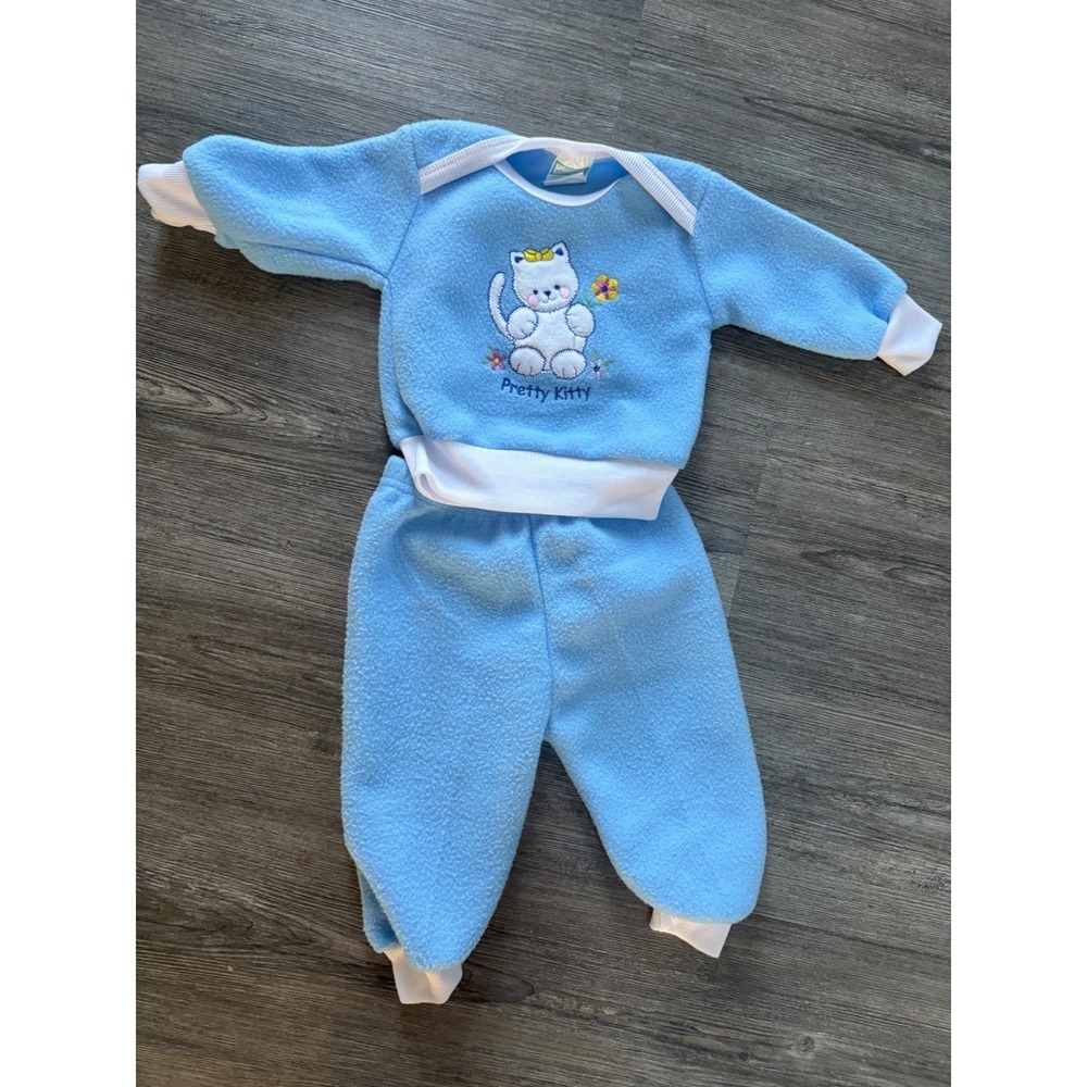Mon Petit Baby Girls Blue Fleece Pretty Kitty Pajama Set 6-9 Months